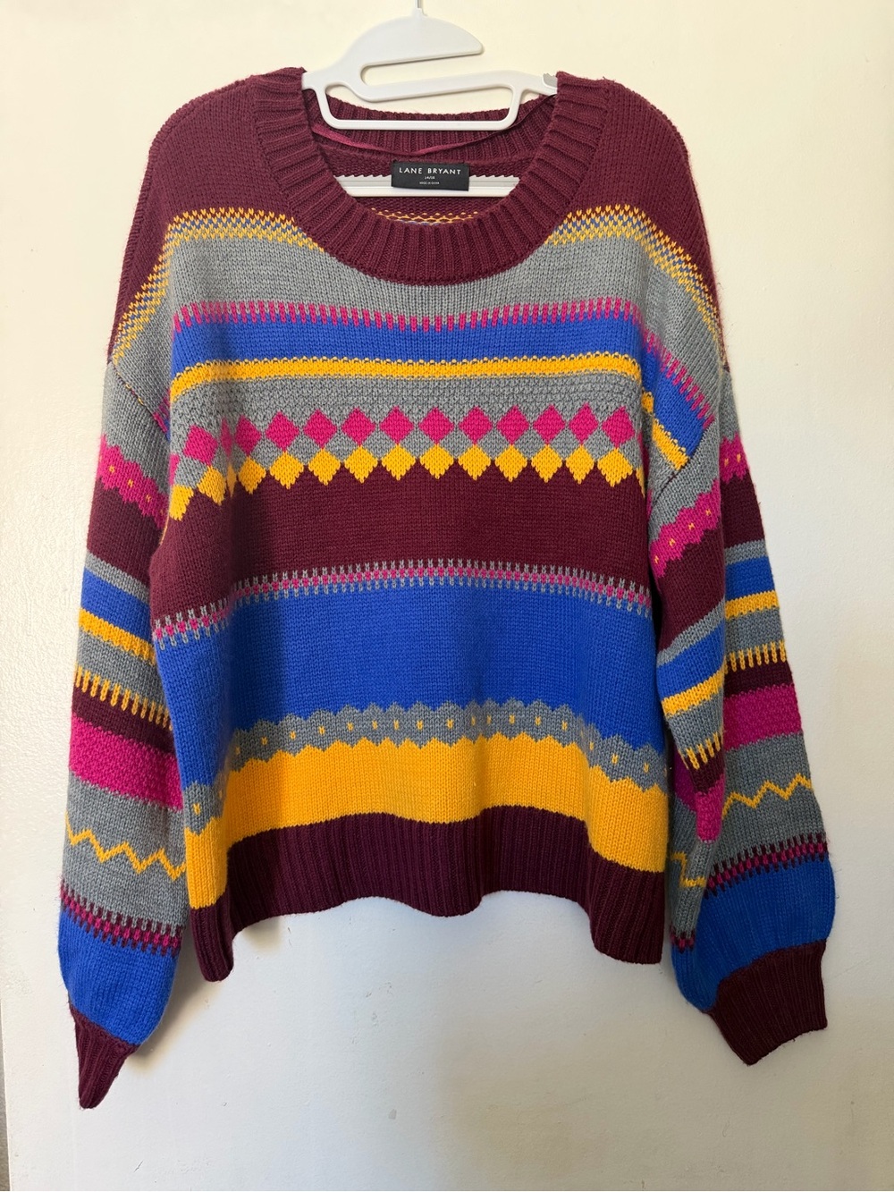 Lane Bryant Colorblock Fair Isle Knit Sweater Size 14/16 Burgundy Blue Yellow
